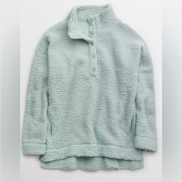 Aerie Sherpa pullover sweater button up mint pocket NWOT - Picture 2 of 2